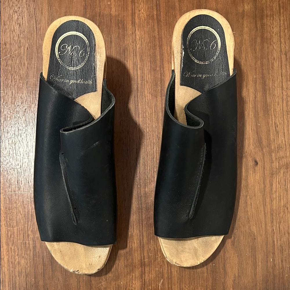 No. 6 Black Leather wedge Slide Sandals size 40